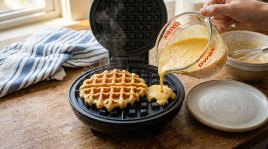 Batter being poured into mini waffle maker step by step