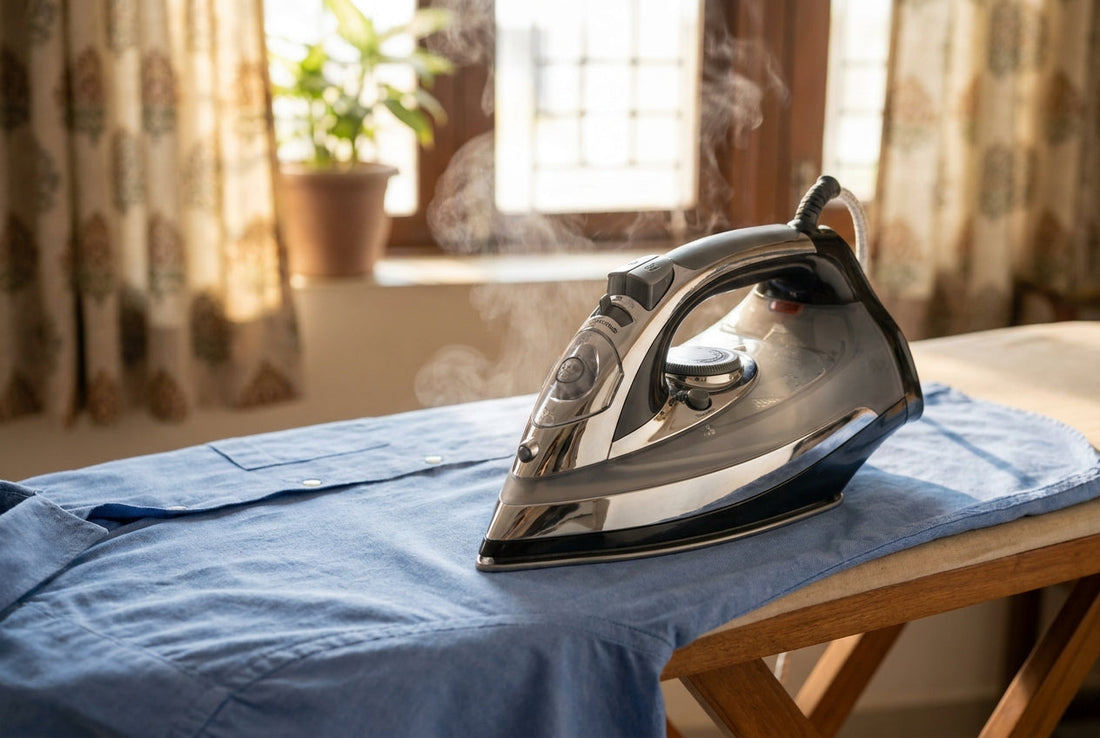 Steam iron gliding over a crisp blue cotton shirt on an ironing board with light steam