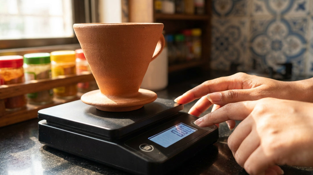 Hands pressing tare on coffee scale with pour over dripper
