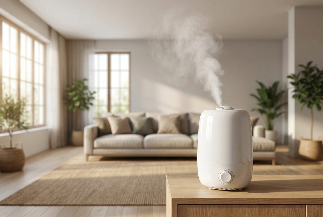 Humidifier for hall and large rooms — white InstaCuppa cool mist humidifier releasing mist in a spacious Indian living hall