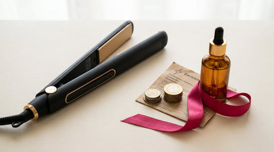 Open hair straightener beside coins, an electricity bill and a serum bottle