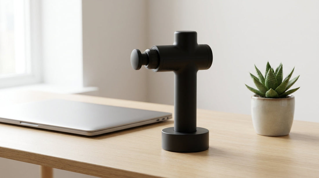 Black massage gun on a charging dock beside a laptop and a small plant on a desk