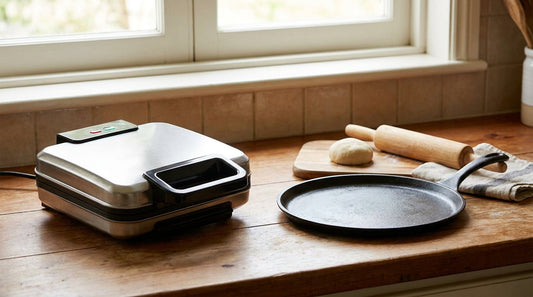 Electric roti maker beside a traditional tawa and rolling pin on a kitchen counter