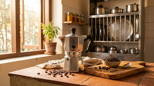 Italian coffee maker moka pot on kitchen counter with coffee beans