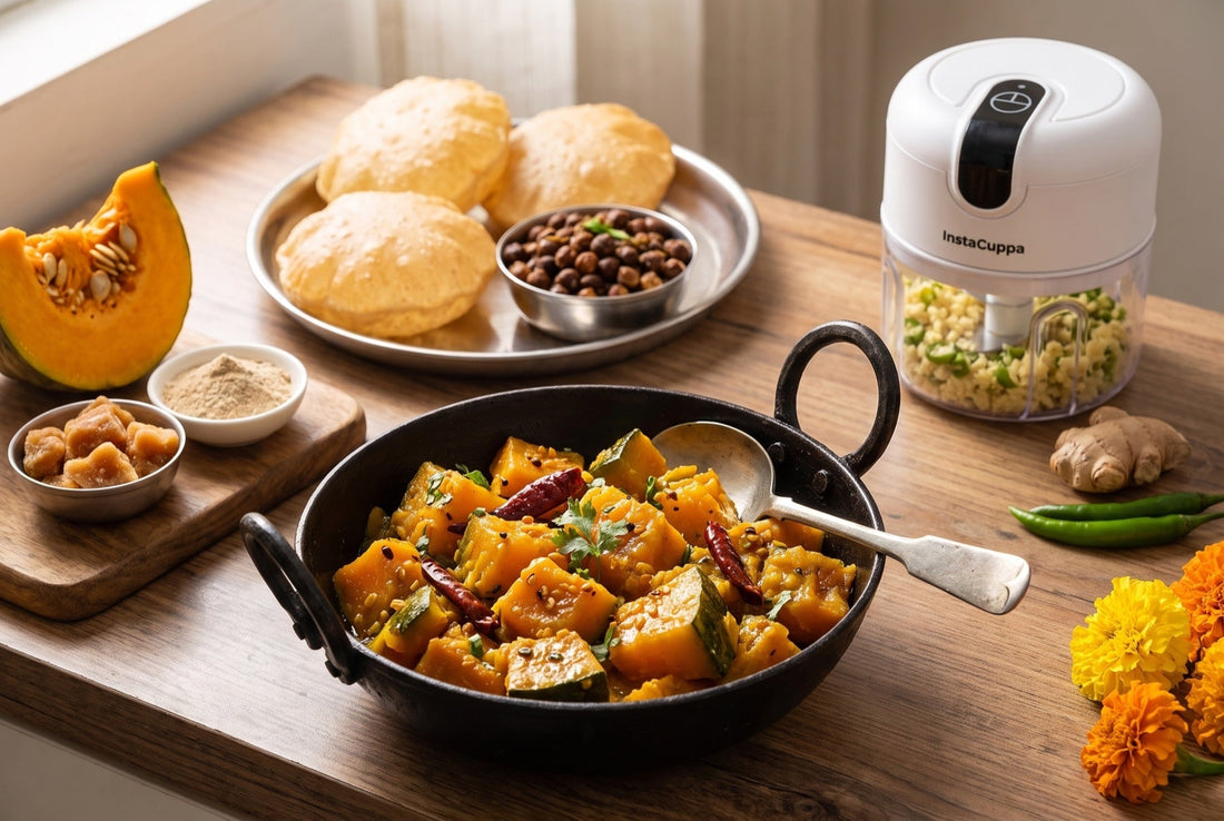 Khatta-meetha kaddu ki sabji in a black iron kadai with pooris and black chana, raw pumpkin, jaggery, amchur, marigolds and a white InstaCuppa mini chopper with minced ginger and green chilli