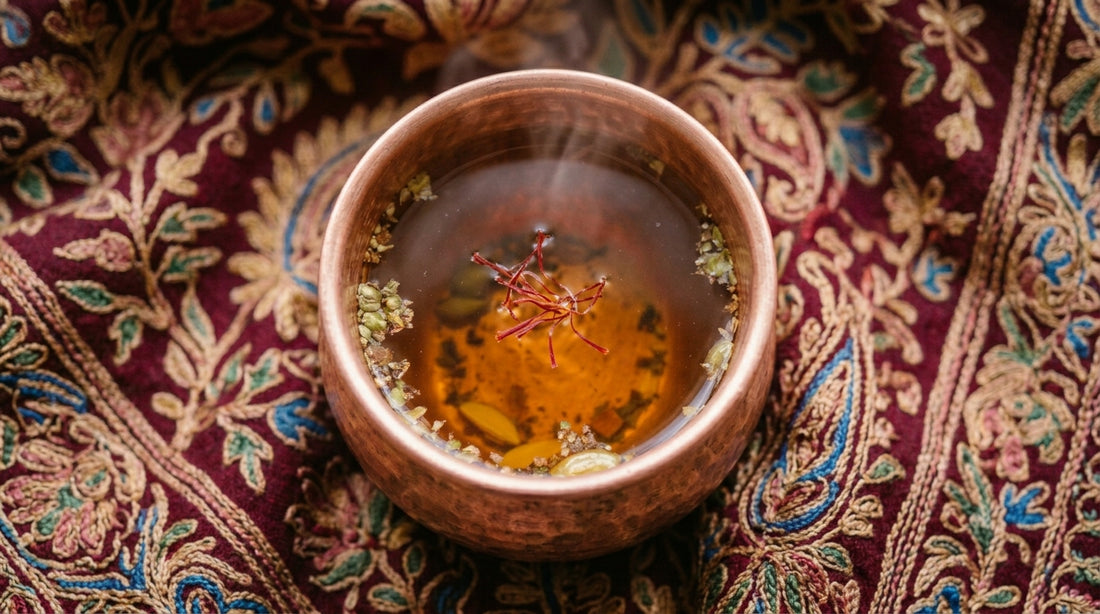 Traditional copper cup of kahwa with saffron