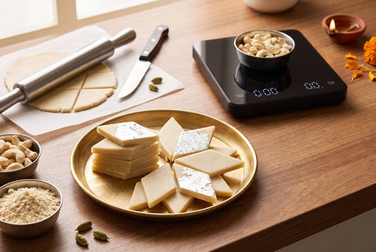 Smooth ivory kaju katli diamonds, some with silver leaf, on a brass plate beside cashews, cashew powder, a rolling pin on butter paper, cardamom, a lit diya and a black InstaCuppa kitchen scale