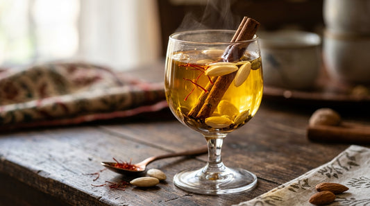 Glass of golden Kashmiri kahwa with saffron strands, almonds, and cinnamon sticks