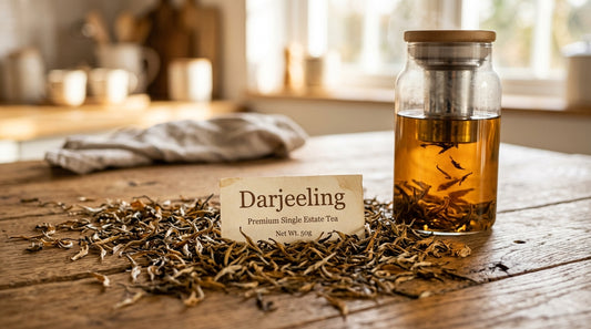 Loose leaf tea spread on wooden surface with infuser bottle