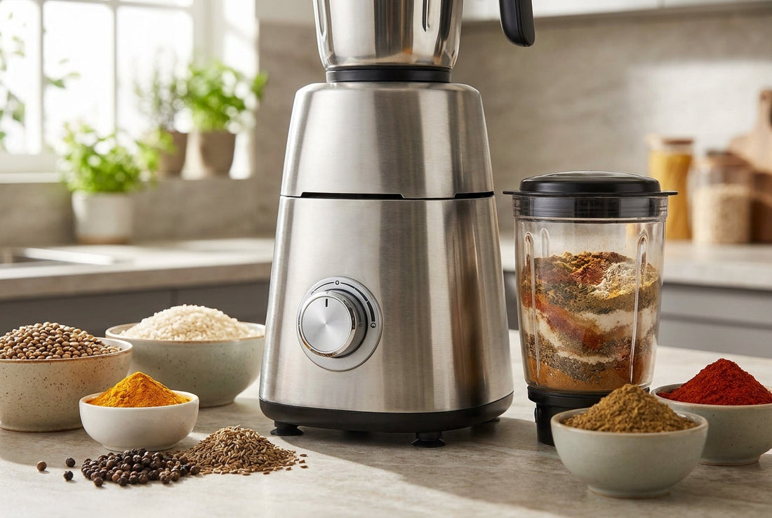 Stainless steel mixer grinder with control dial and a jar of spices beside bowls of grains and masala