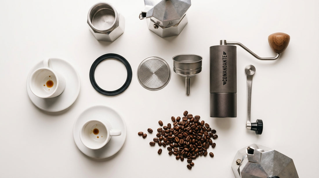 Moka pot accessories flat lay: gasket, filter, funnel, grinder, cups, coffee beans