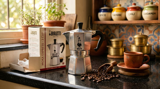 New moka pot unboxing and first brew setup on kitchen counter