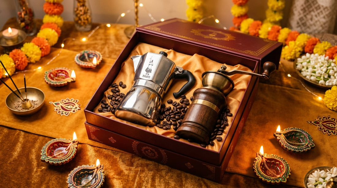 Moka pot gift set with coffee beans, grinder, and Diwali decorations