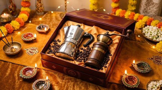 Moka pot gift set with coffee beans, grinder, and Diwali decorations