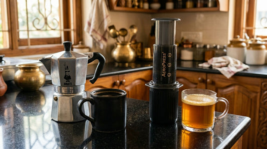 Moka pot and Aeropress side by side with coffee cups for comparison