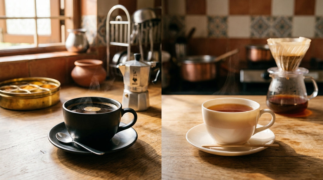 Dark moka pot coffee vs light pour over coffee cups side by side