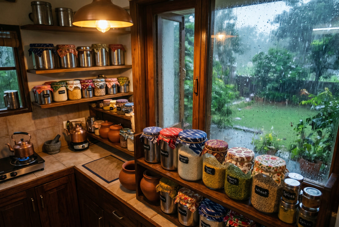 Protected grain storage inside kitchen during monsoon rain