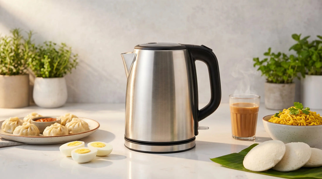 Multipurpose electric kettle with momos, eggs, idlis, chai, and Maggi on an Indian kitchen countertop