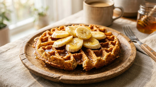 Oats waffle with banana and honey on wooden plate