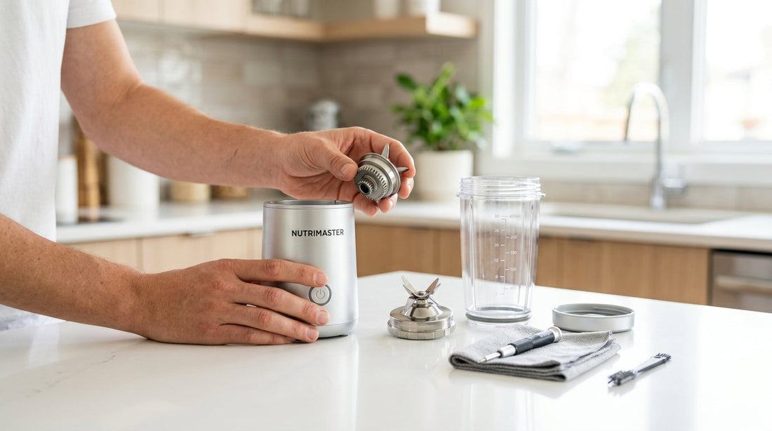 Portable blender troubleshooting guide - person checking blade assembly in modern kitchen