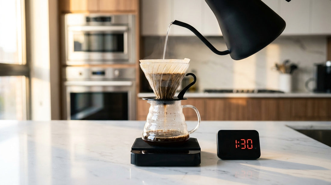 V60 pour over on coffee scale with gooseneck kettle pouring