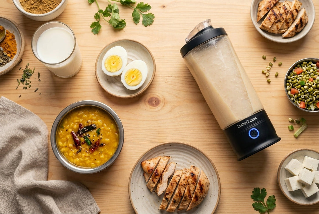 Protein in 1 katori dal, boiled eggs, chicken, milk and sprouts with InstaCuppa electric protein shaker