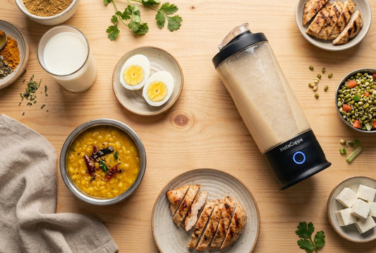 Protein in 1 katori dal, boiled eggs, chicken, milk and sprouts with InstaCuppa electric protein shaker