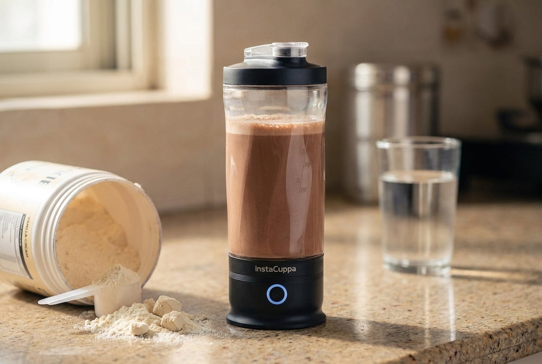 InstaCuppa electric protein shaker bottle holding a smooth lump-free chocolate shake on an Indian kitchen counter, beside an open tub of protein powder with dry clumps in the spilled heap