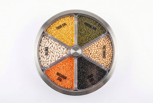 5 types of Indian dal organized in rotating pulse dispenser compartments