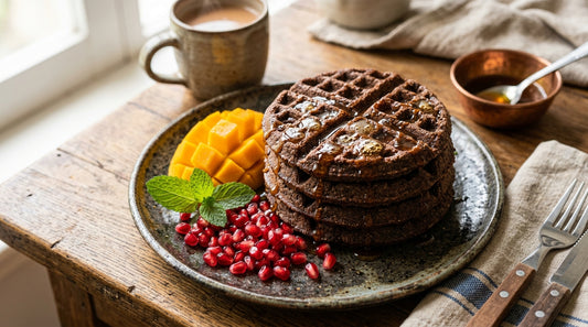 Dark ragi waffle with jaggery syrup and fresh fruits