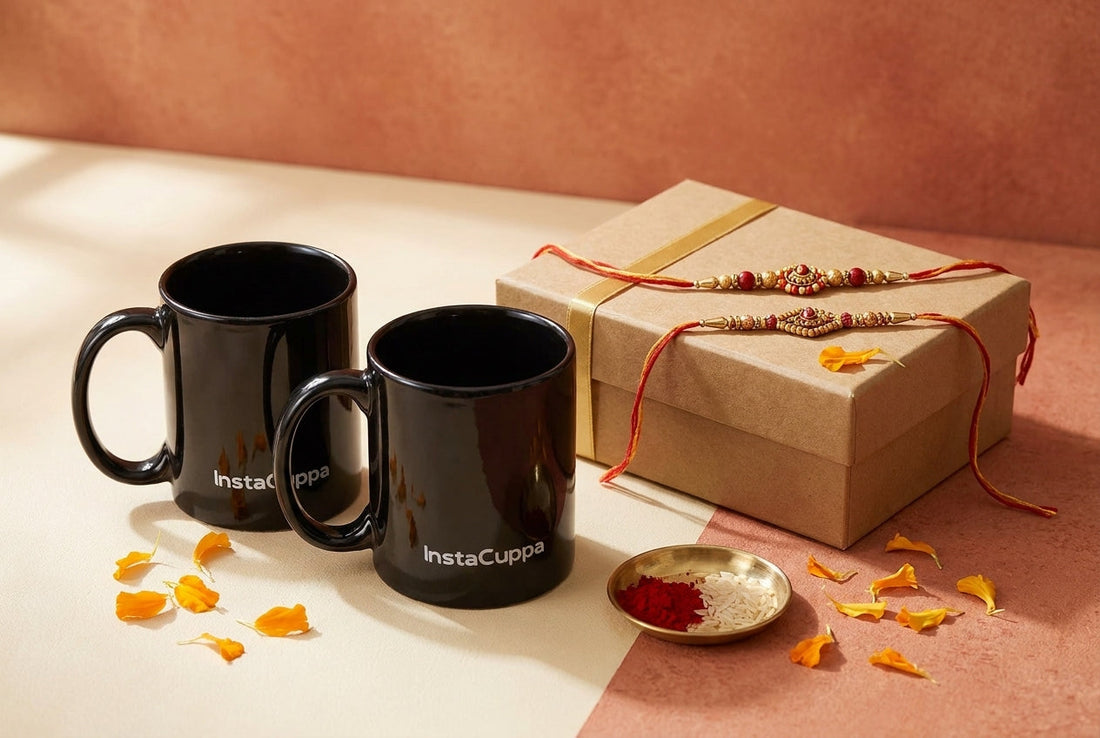 InstaCuppa Raksha Bandhan gift ideas for sister - two glossy black InstaCuppa ceramic coffee mugs beside a kraft gift box, two rakhi threads, a brass roli-chawal thali and marigold petals