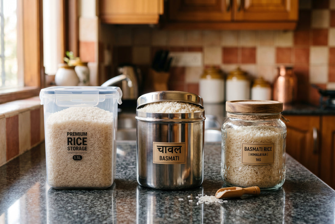 Plastic steel and glass rice containers compared