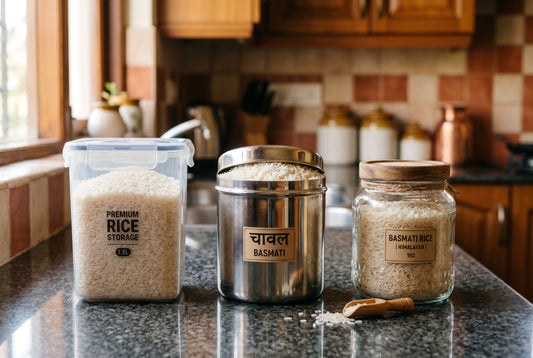 Plastic steel and glass rice containers compared