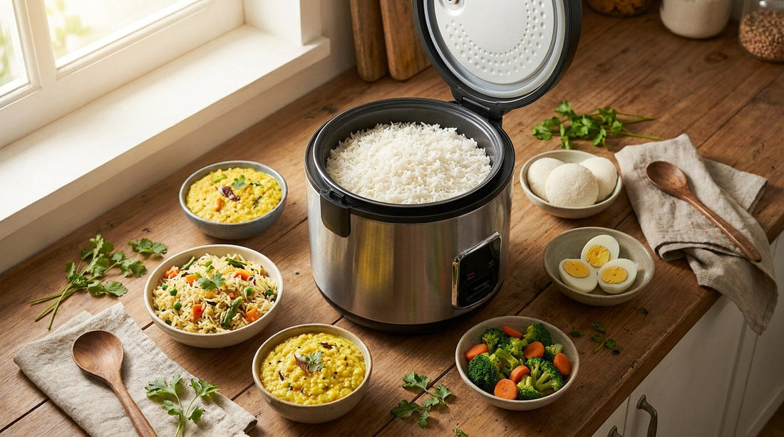 Electric rice cooker surrounded by bowls of pulao, khichdi, idli, eggs and steamed vegetables