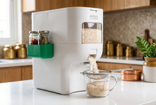 Rice dispenser 10kg dispensing rice into measuring cup