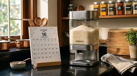 Rice dispenser on Indian kitchen counter with 30-day calendar