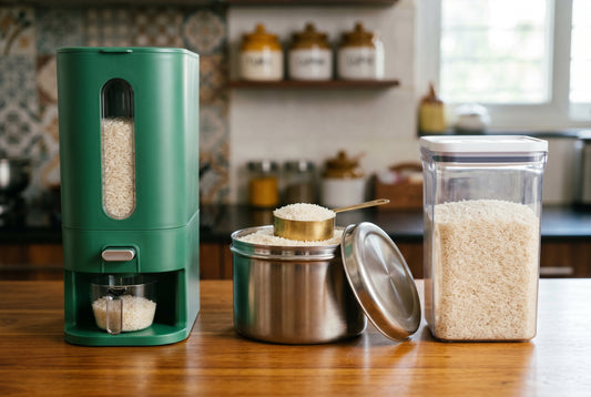 Rice dispenser vs steel dabba vs plastic container comparison