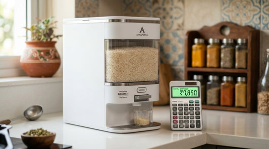 Rice dispenser with calculator showing savings math for Indian kitchen