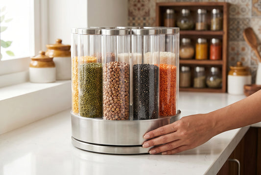 Rotating food dispenser with 6 compartments filled with different Indian dals