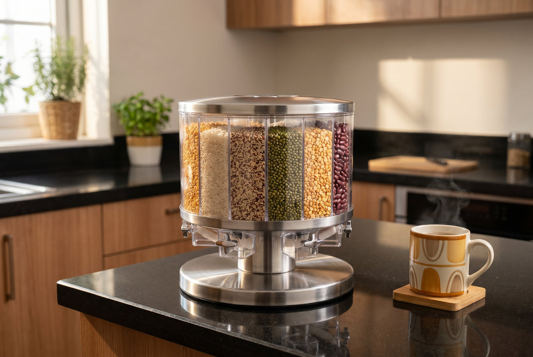 Rotating grain dispenser on kitchen counter lifestyle review photography