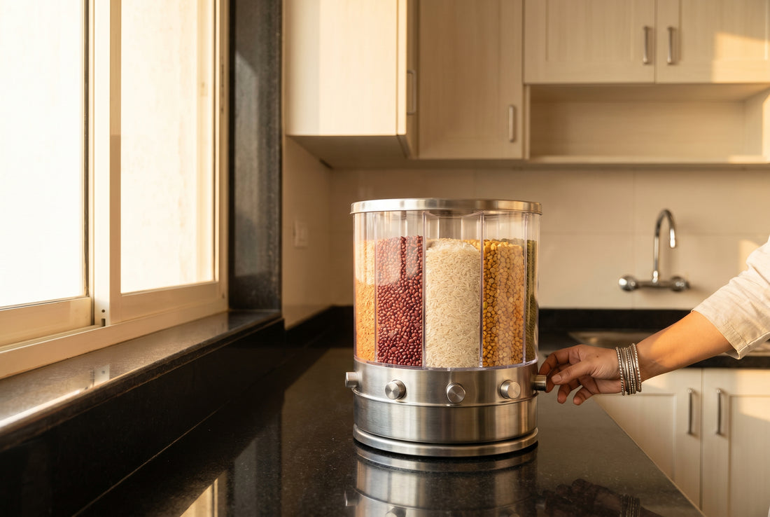 Organized Indian kitchen with rotating dispenser as centerpiece on counter