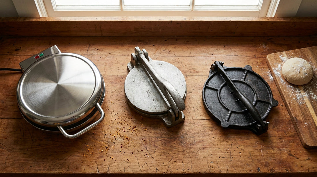 Electric roti maker, manual chapati press and cast-iron tortilla press side by side on a counter