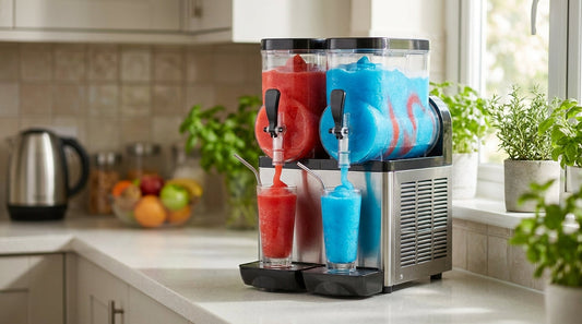 Dual-tank slush machine making red and blue slushies on a kitchen counter in India
