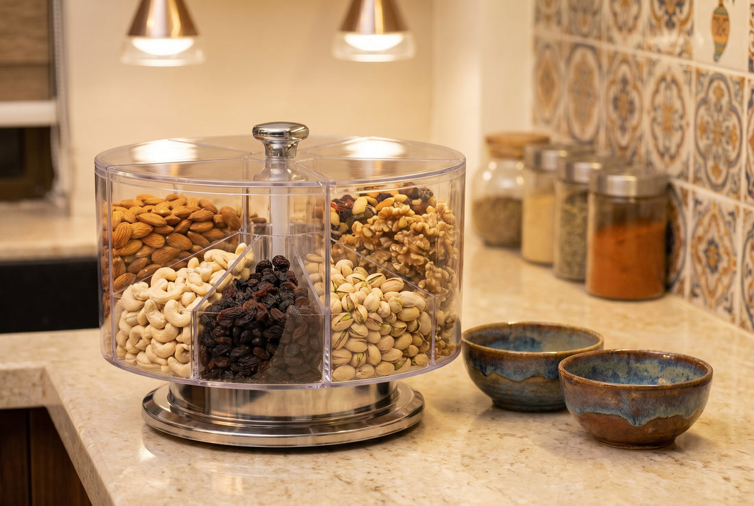 Rotating snack dispenser filled with almonds cashews raisins walnuts and mixed nuts