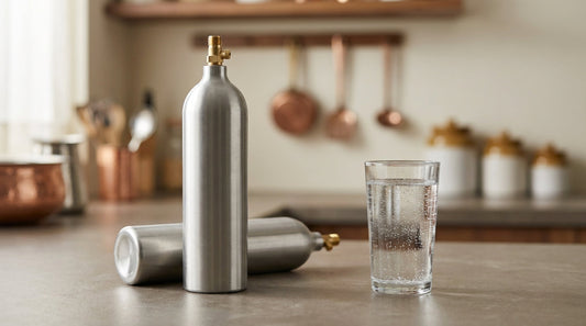 InstaCuppa guide to soda maker CO2 refill in India - two steel CO2 cylinders and a glass of soda water