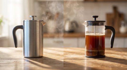 Stainless steel french press and glass french press side by side on wooden table