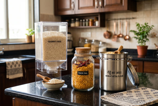 Rice dal and atta stored properly in Indian kitchen containers