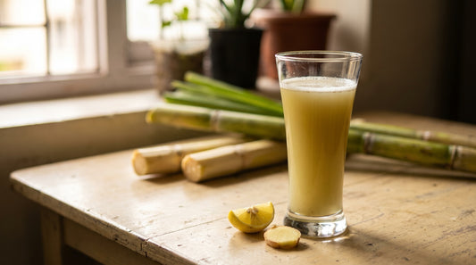InstaCuppa guide to sugarcane juice benefits - a fresh glass of ganna ka ras with peeled cane pieces