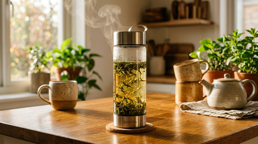 Tea infuser bottle with loose leaf tea being steeped, steam rising