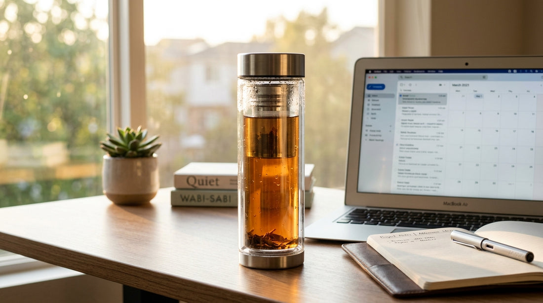 Tea infuser bottle on office desk next to laptop